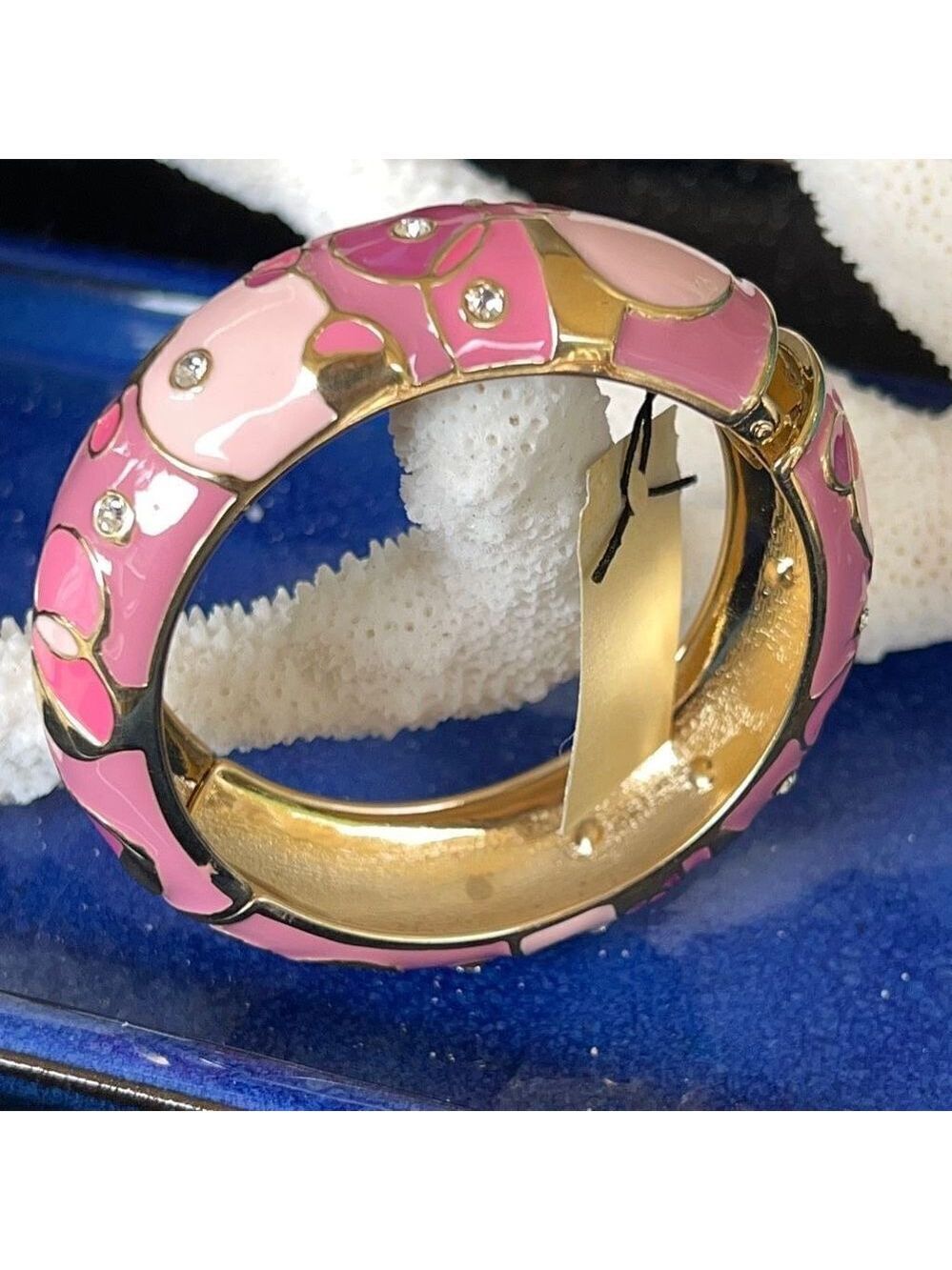 Barbicore Pink Enamel Geometric Pattern Accented with Clear Crystals in Gold Hin
